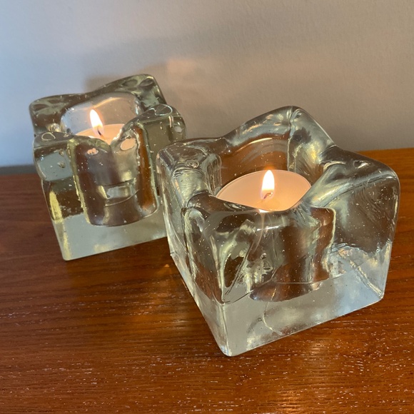 Vintage Clear Glass Square Ice Cube Candle Holders - Set of Two - Picture 13 of 16